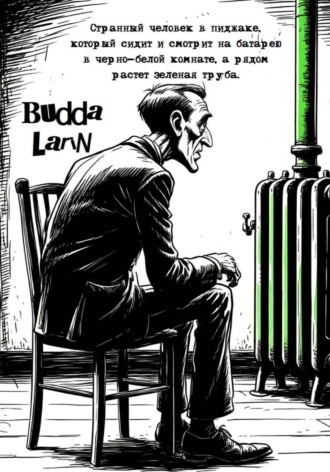 Budda Larin. Странный человек в пиджаке, который сидит и смотрит на батарею в черно-белой комнате, а рядом растет зеленая труба.