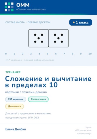 Тренажёр по математике 1 класс. Сложение и вычитание в пределах 10. Состав числа. 137 карточек с точками-домино для печати. Для детей с трудностями в математике, при дискалькулии, ЗПР, ОВЗ. 
