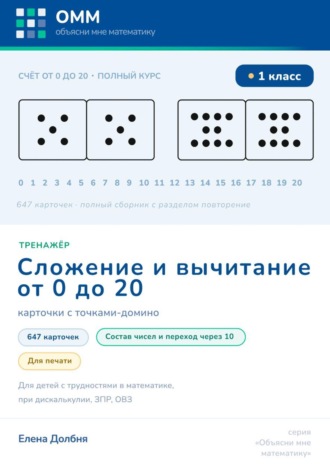 Большой тренажёр по математике 1 класс. Сложение и вычитание 0-20. 647 карточек с точками-домино для печати. Состав числа, переход через десяток. Для детей с трудностями в математике, при дискалькулии. 